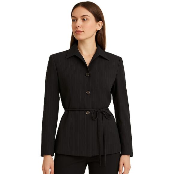 Vintage Black Pinstripe Suit Jacket Blazer Size 8 Larry Levine - Picture 1 of 10